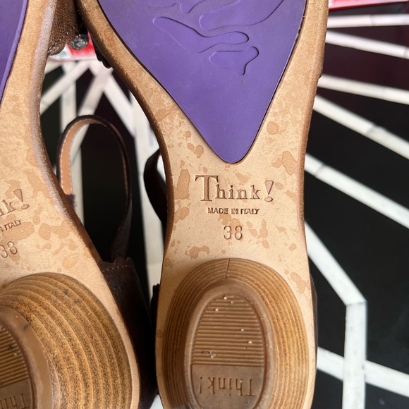 Think! Italian Brown Leather Kitten Heel Non Slip Sole Thong Ankle Strap Sandals - Picture 12 of 12